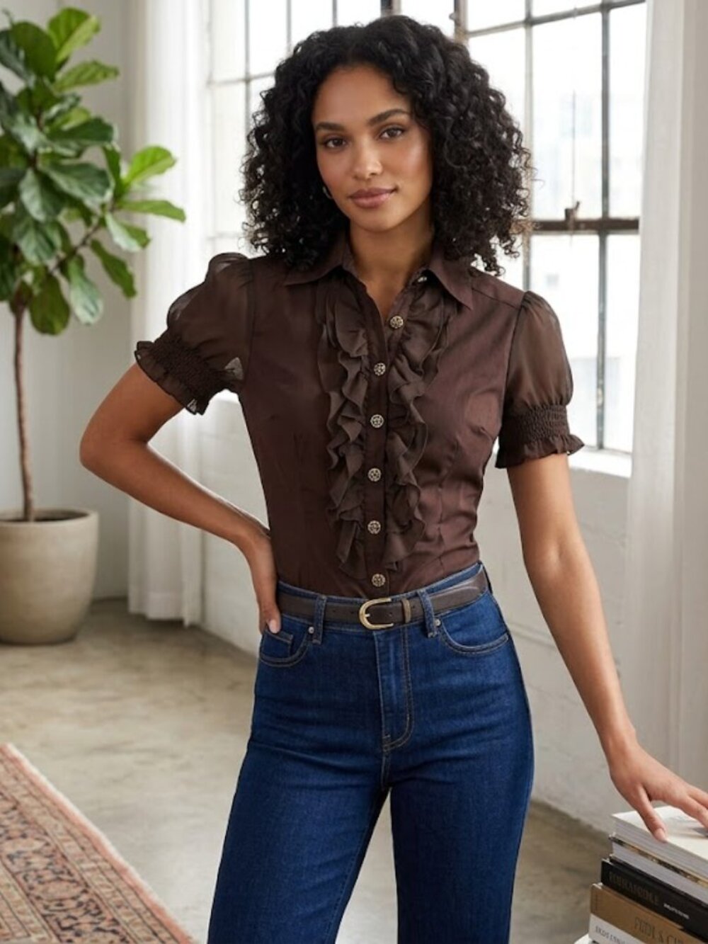 Bebe Chocolate Ruffle Blouse Small Vintage Y2K Rare